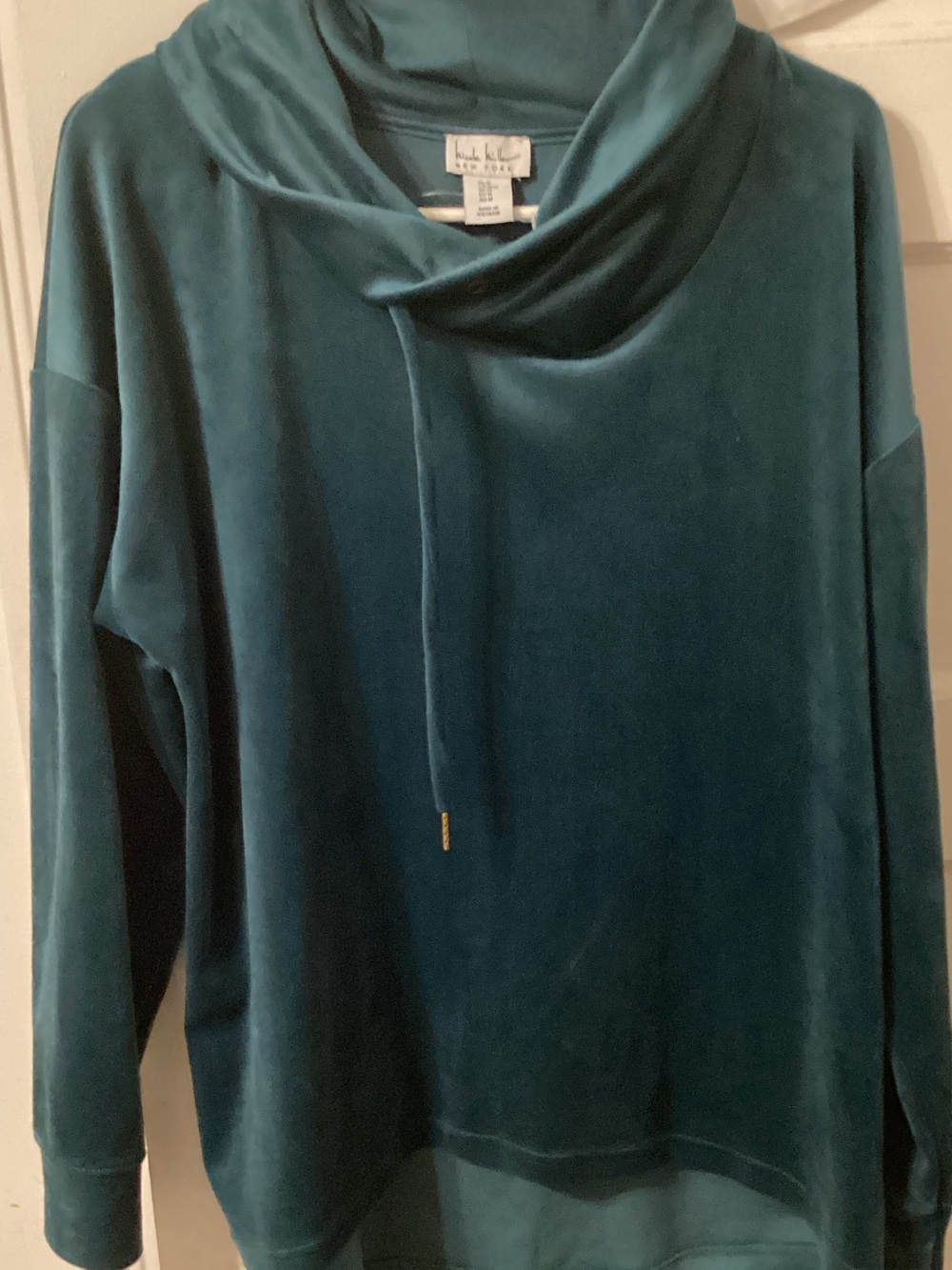 Nicole Miller Teal Velvet Cowl-Neck Pullover